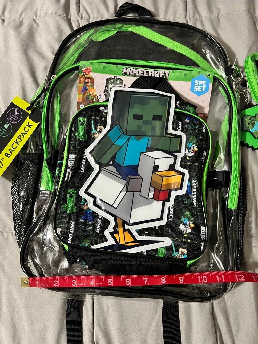 5 Piece Minecraft Clear 17 inch Backpack & Lunch Bag Set